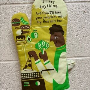 Blue Q Oven Mitt with Yellow and Green  Design